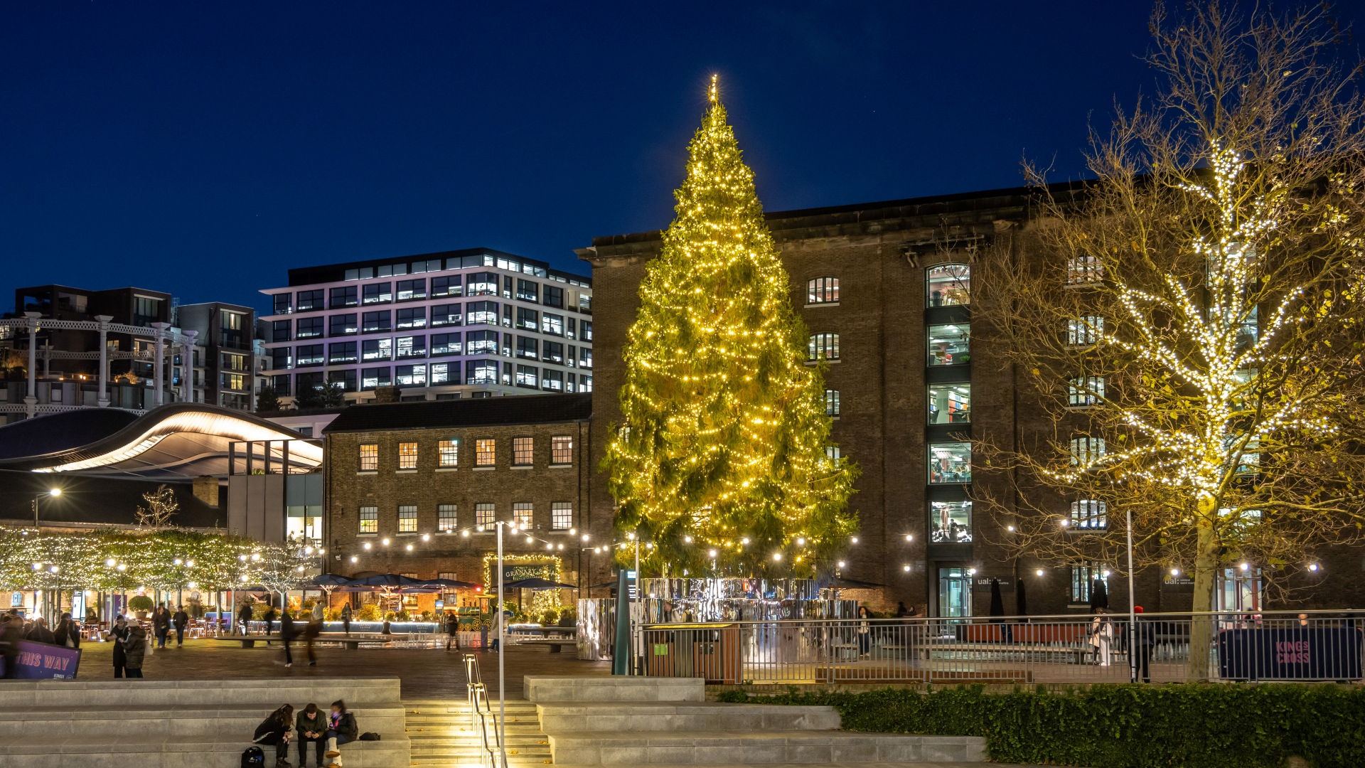 A photo of a giant alpine Christmas tree covered in warm glowing lights in the middle of Granary Square at night