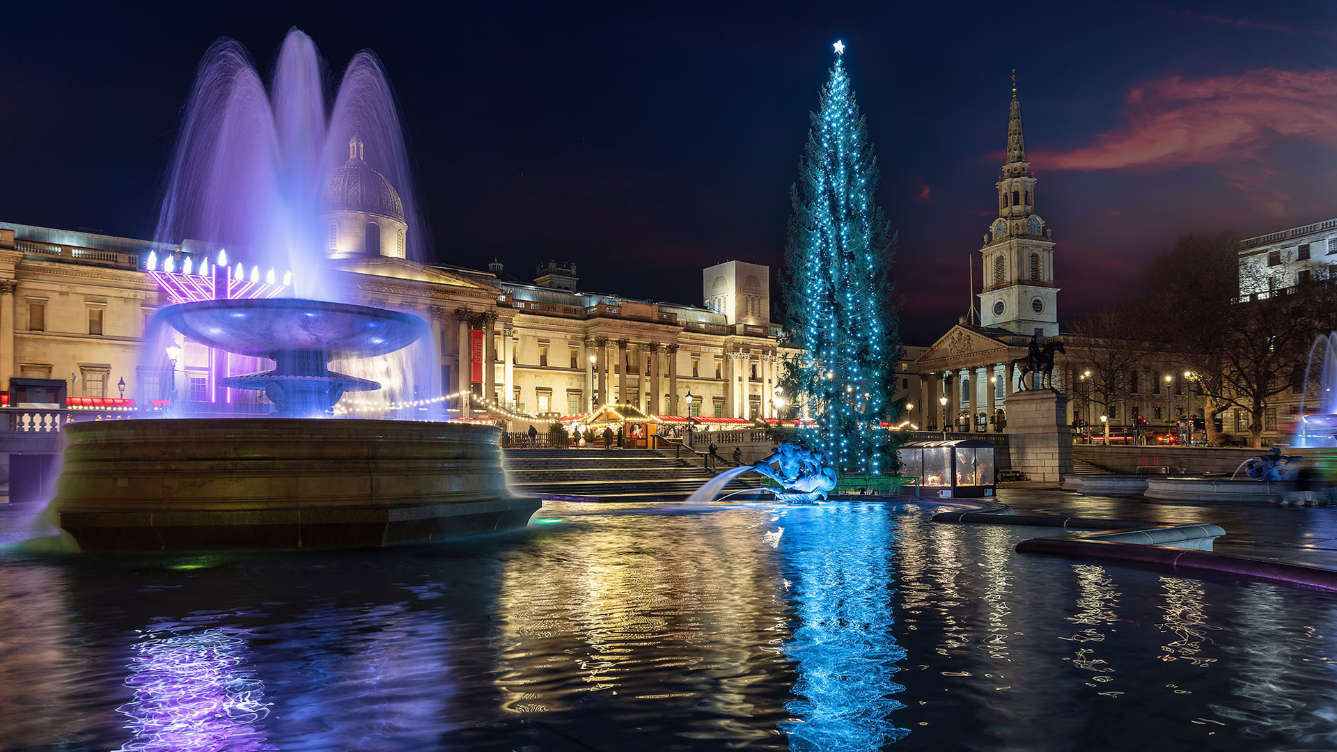 A water fountain with reflected purple lights illuminates Trafalgar Square. In the background is the famous Christmas tree with its blue neon decorations.