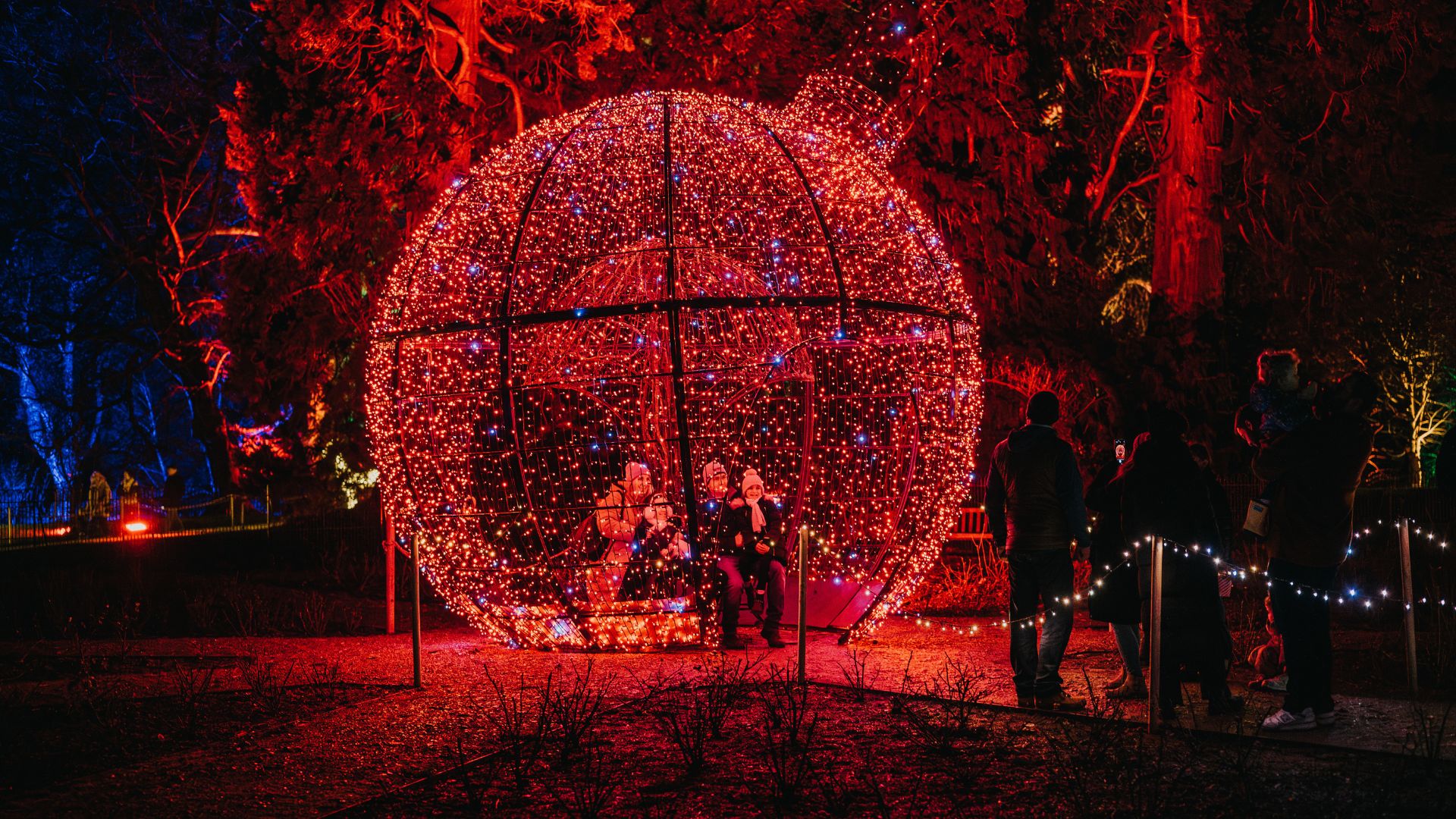 Visitors gathered around a large spherical Christmas decoration made of red twinkling lights, set in a dark outdoor area with trees illuminated in red and blue.
