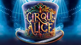 A poster of a dark blue top hat with 'Cirque Alice' embossed in gold, with a dark blue stage background and smoke