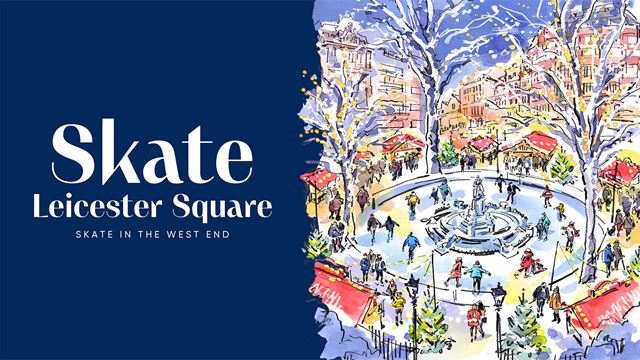 Esquisse montrant Leicester Square transformé en paradis hivernal pour la saison des fêtes, avec une patinoire au centre et un arrière-plan de couleur bleue, le tout surmonté du titre Skate Leicester Square en lettres blanches.