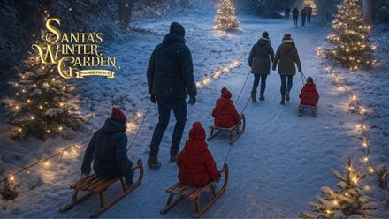 Pull little ones through the snowy trails on traditional toboggans as you explore Santa's Winter Garden at Fulham Palace. Image courtesy of Intuitive Events.