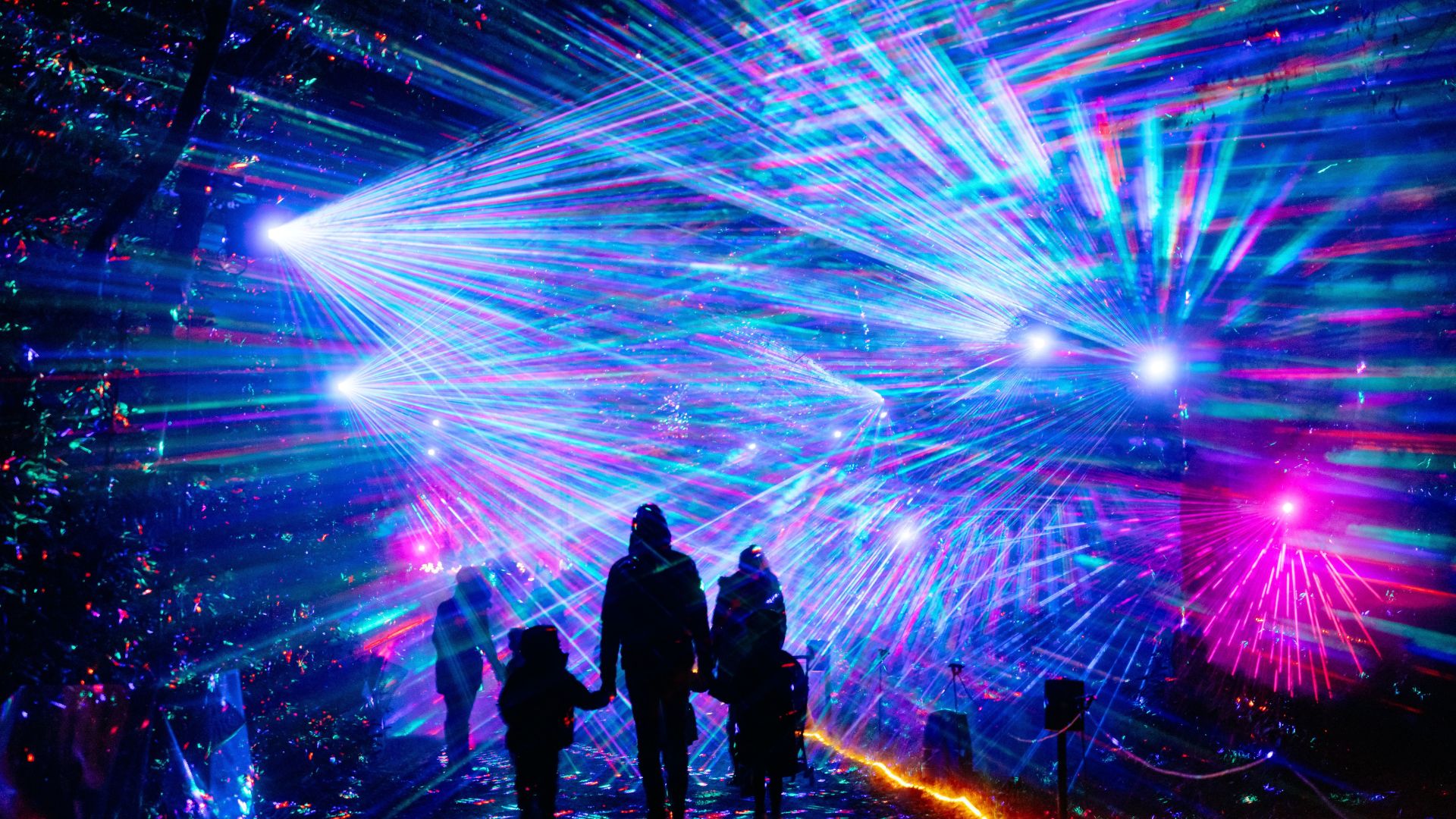 Step into a mesmerising world of colour as dazzling light and laser displays transform the woodland after dark at Windsor Great Park Illuminated. © Giles Smith/MARI Visitors walk through a woodland illuminated by colourful laser beams and light projections at Windsor Great Park Illuminated.