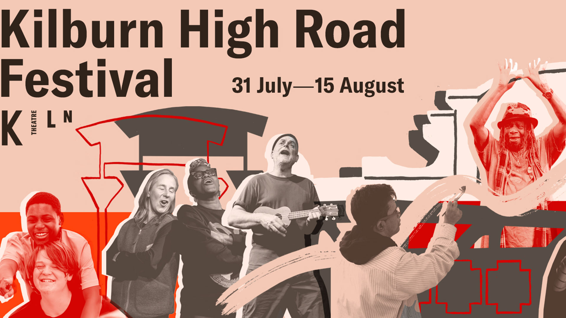 This artwork promotes the Kilburn High Road Festival and shows a group of people singing, performing and playing music against a red background.
