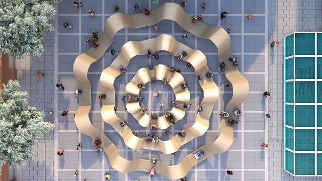 A graphic image of a circular art exhibition with people sitting on it, against a tarmac ground.