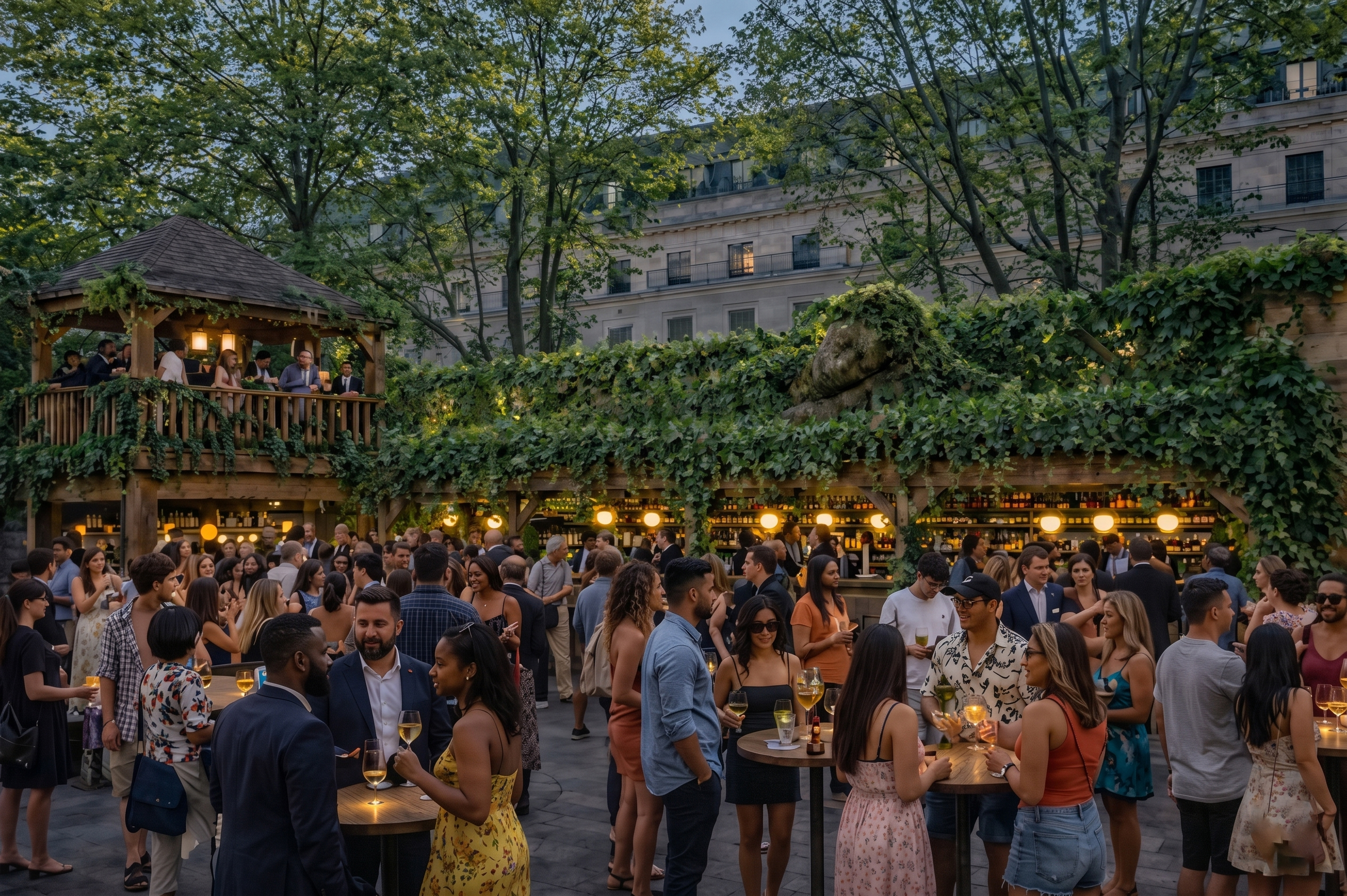 People are hanging out in the lush garden of The Lost Oasis at night, which is adorned with hanging lights.