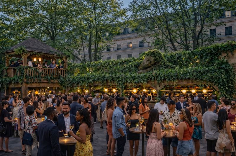 People are hanging out in the lush garden of The Lost Oasis at night, which is adorned with hanging lights.