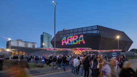 The exterior of the ABBA Arena, in Queen Elizabeth Olympic Park. Image courtesy of ABBA Voyage.