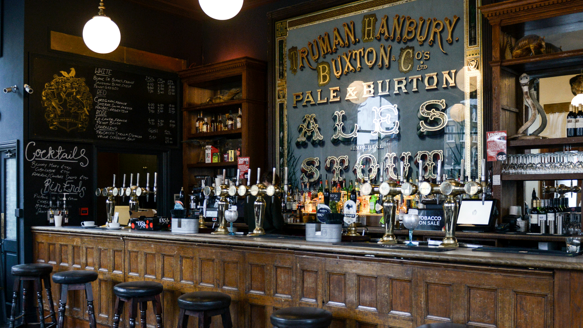 Beer taps and bar stools line the bar at The Old Blue Last