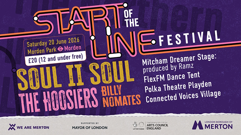 A poster detailing the lineup for the Start of the Line Festival showing the date, headline acts and other key informaiton.