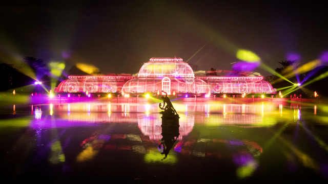 Des lumières roses, orange et jaunes sont projetées sur la serre de Kew Gardens, avec des reflets sur l'eau et une statue au milieu.