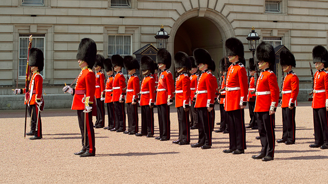 Guards, dressed in red tunics, black trousers and bearskin hats, line up outside Buckingham Palace.