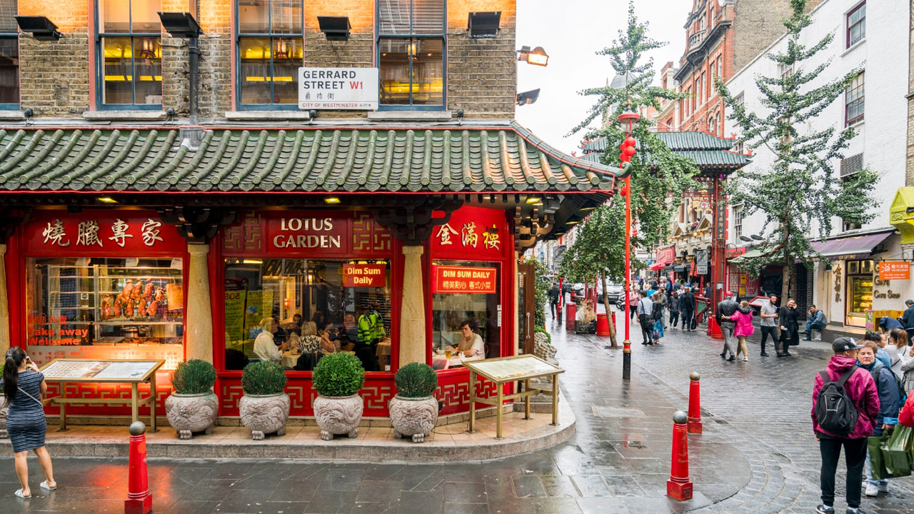 Chinese restaurant exterior on Gerrard Street in Chinatown, Soho.