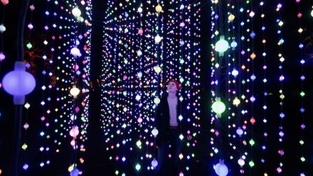 Walking through a waterfall of colour, this Christmas at Kew installation is a crowd favourite as you feel as if you're standing inside a galaxy. © RBG Kew