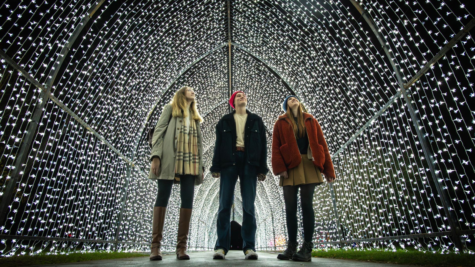 Three people stand under a curved tunnel covered in thousands of tiny white LED lights at Christmas at Kew.