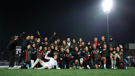Players of ASFAR celebrate following their side's victory in the FIFA Women's Champions Cup match with Wuhan Chegu Jiangda WFC at Stade Municipal de Berrechid on 14 December 2025 in Berrechid, Morocco. Credit: Judit Cartiel. Image courtesy of FIFA via Getty Images.