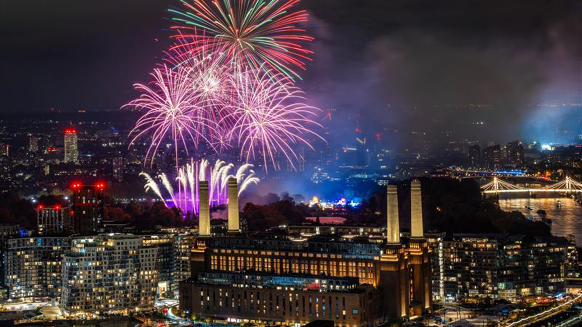 Fireworks light up the sky above Battersea Power Station