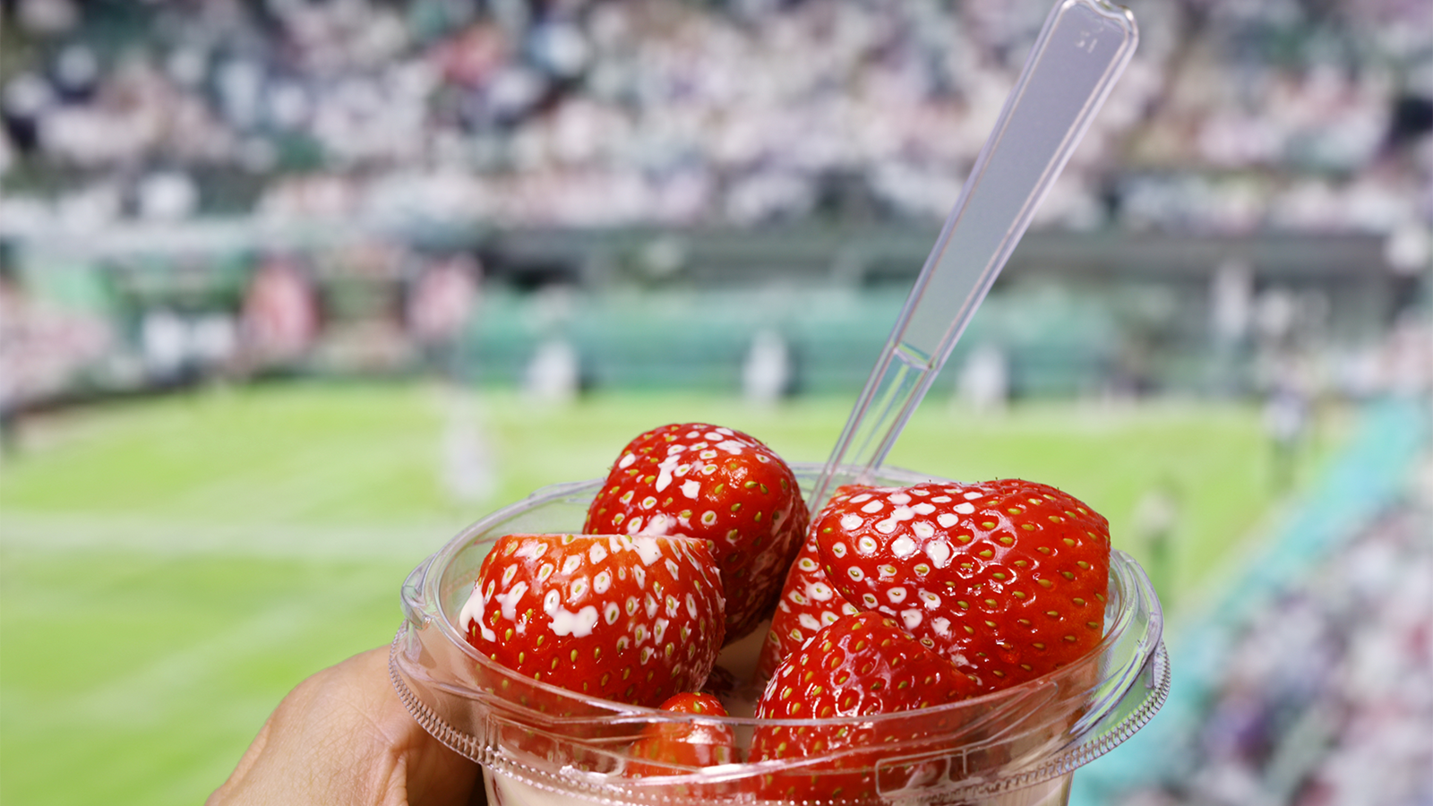 A cup of strawberries and cream against a backdrop of a Wimbledon court