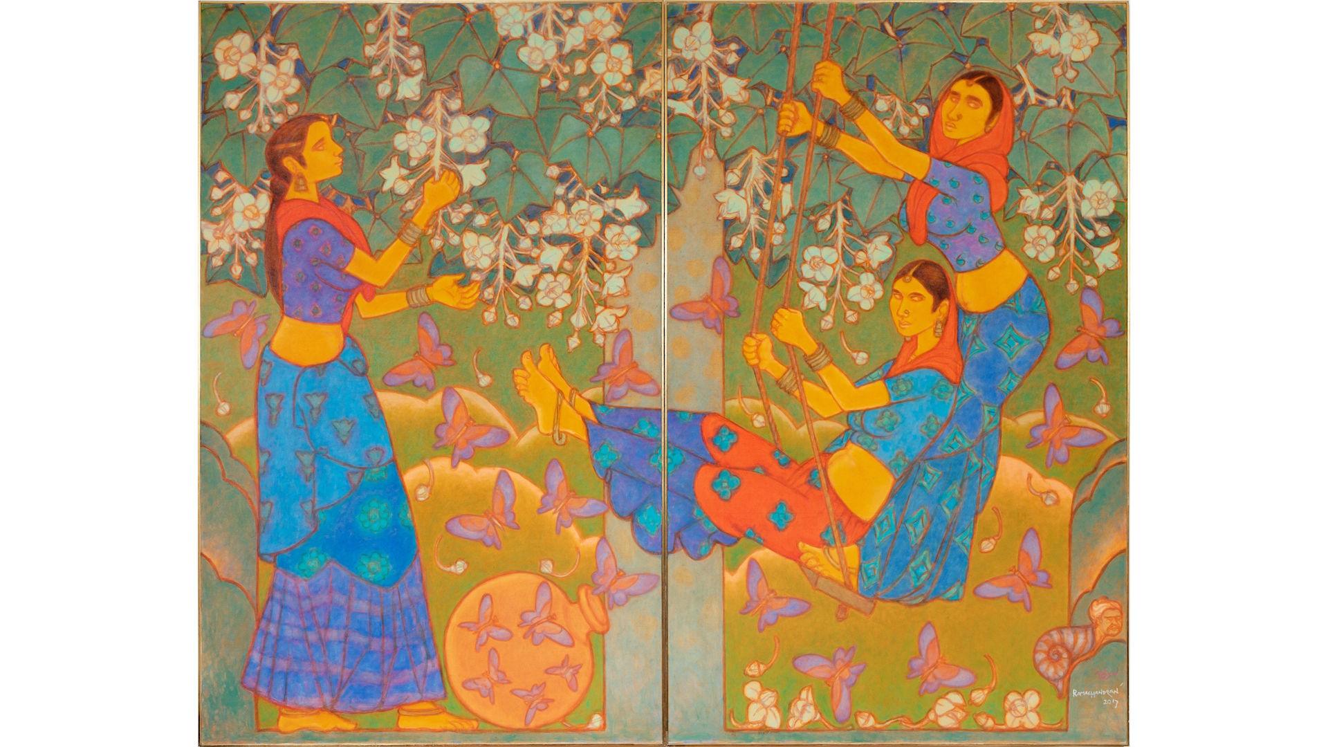 A colourful painting by A. Ramachandran depicting three people on a swing in woodland. 