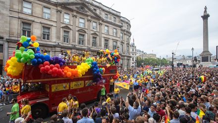 The festival culminates in the colourful Pride in London Parade in central London. Credit: Mykola Romanovskyy. Image courtesy of Shutterstock.