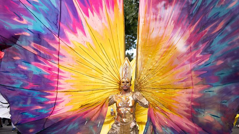 A carnival performer poses in front of a giant butterfly-inspired costume in bright pink, purple and yellow.