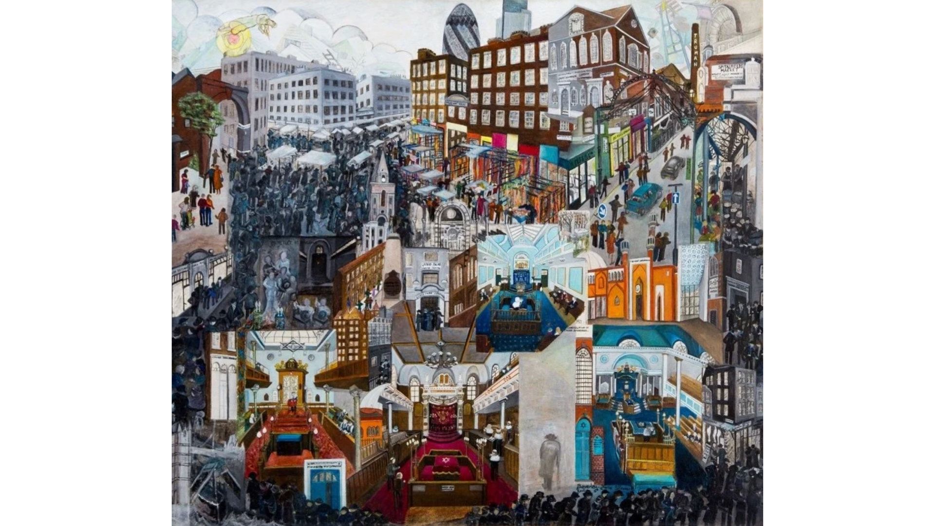 The Story of the East End of London (2005) by Beverley-Jane Stewart reflects the area’s layered history of faith, culture and shared living, bringing together recognisable East End landmarks and places of worship within a single evolving landscape. Image courtesy of Aziz Foundation. Illustrated artwork showing the East End of London with Spitalfields Market, the Truman Brewery, The Gherkin and multiple places of worship, representing shared history and coexistence.
