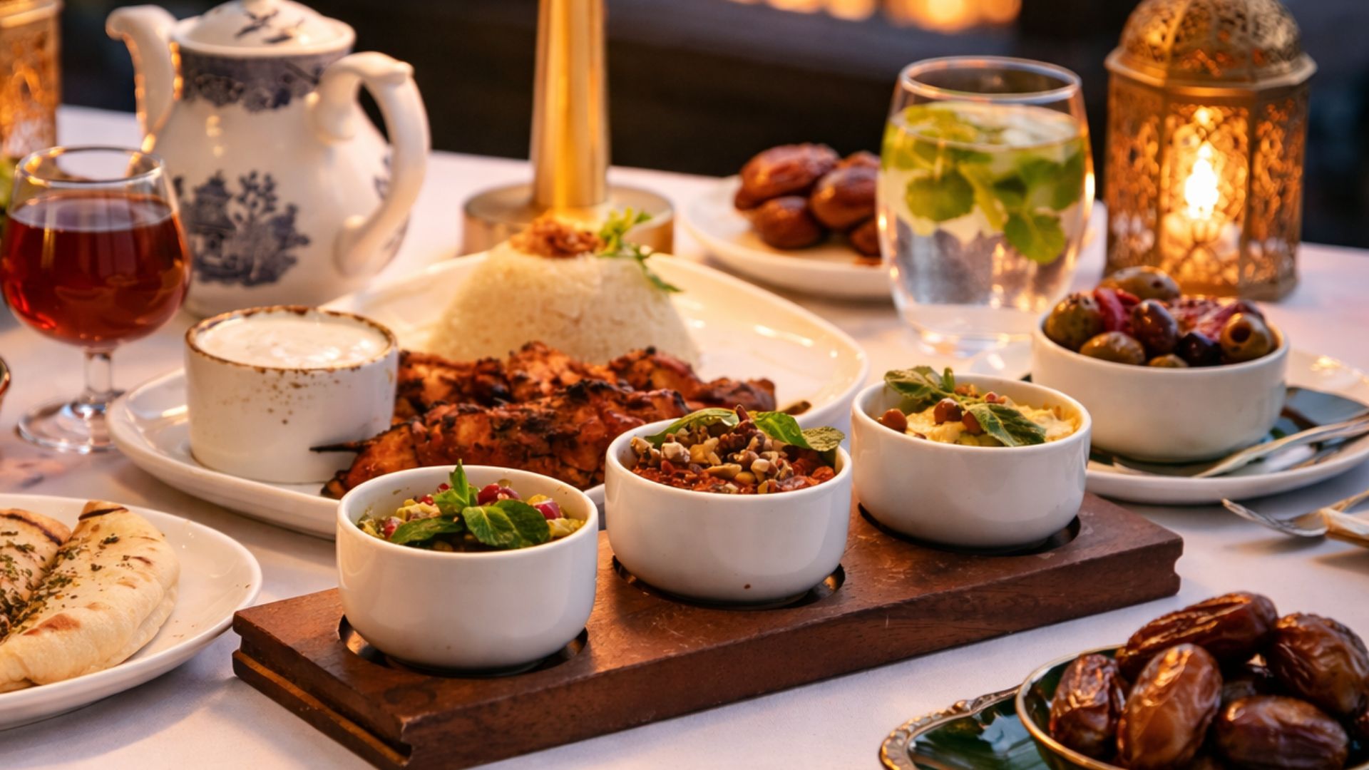 A traditional iftar spread, with dates, water and shared dishes marking the moment of breaking fast after sunset during Ramadan. Image courtesy of Aziz Foundation. A table set for iftar with dates, water, tea and shared dishes, ready for breaking the fast at sunset during Ramadan.