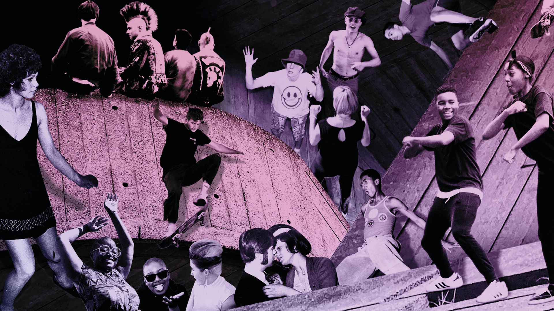 A promotional image featuring various people  dressed in the fashion of the past 75 years.