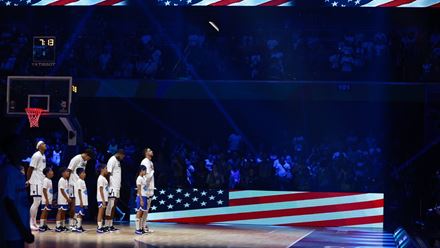 USA basketball players listen to the national anthem. Image courtesy of NBA USA basketball players listen to the national anthem. Image courtesy of NBA