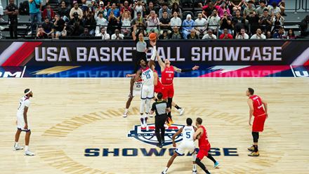Players jump at tip-off. Image courtesy of NBA Players jump at tip-off. Image courtesy of NBA