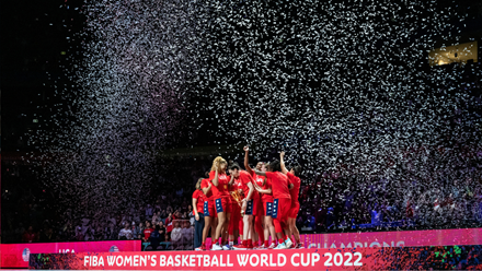 USA Basketball players celebrate under confetti. Image courtesy of NBA