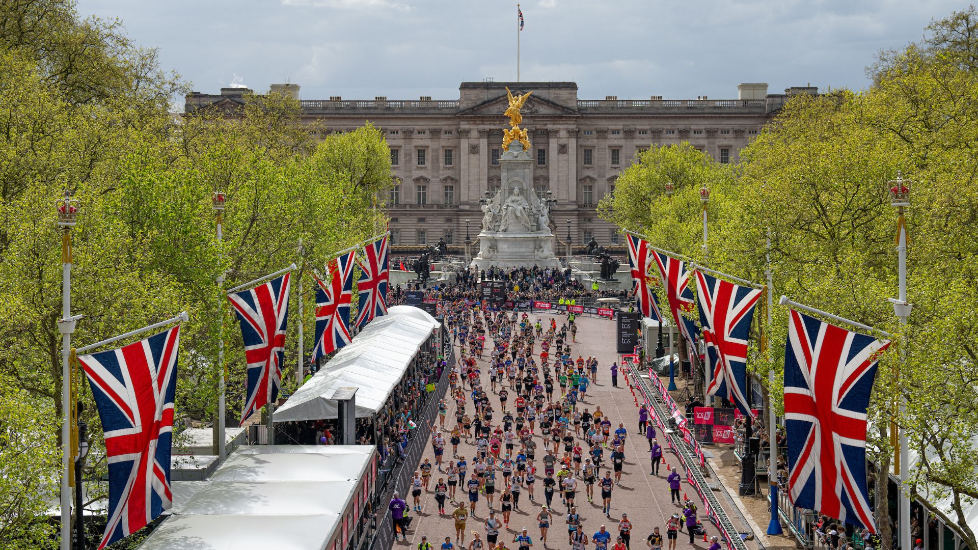 A view along The Mall as participants approach the finish line during The TCS London Marathon on Sunday 21st April 2024.