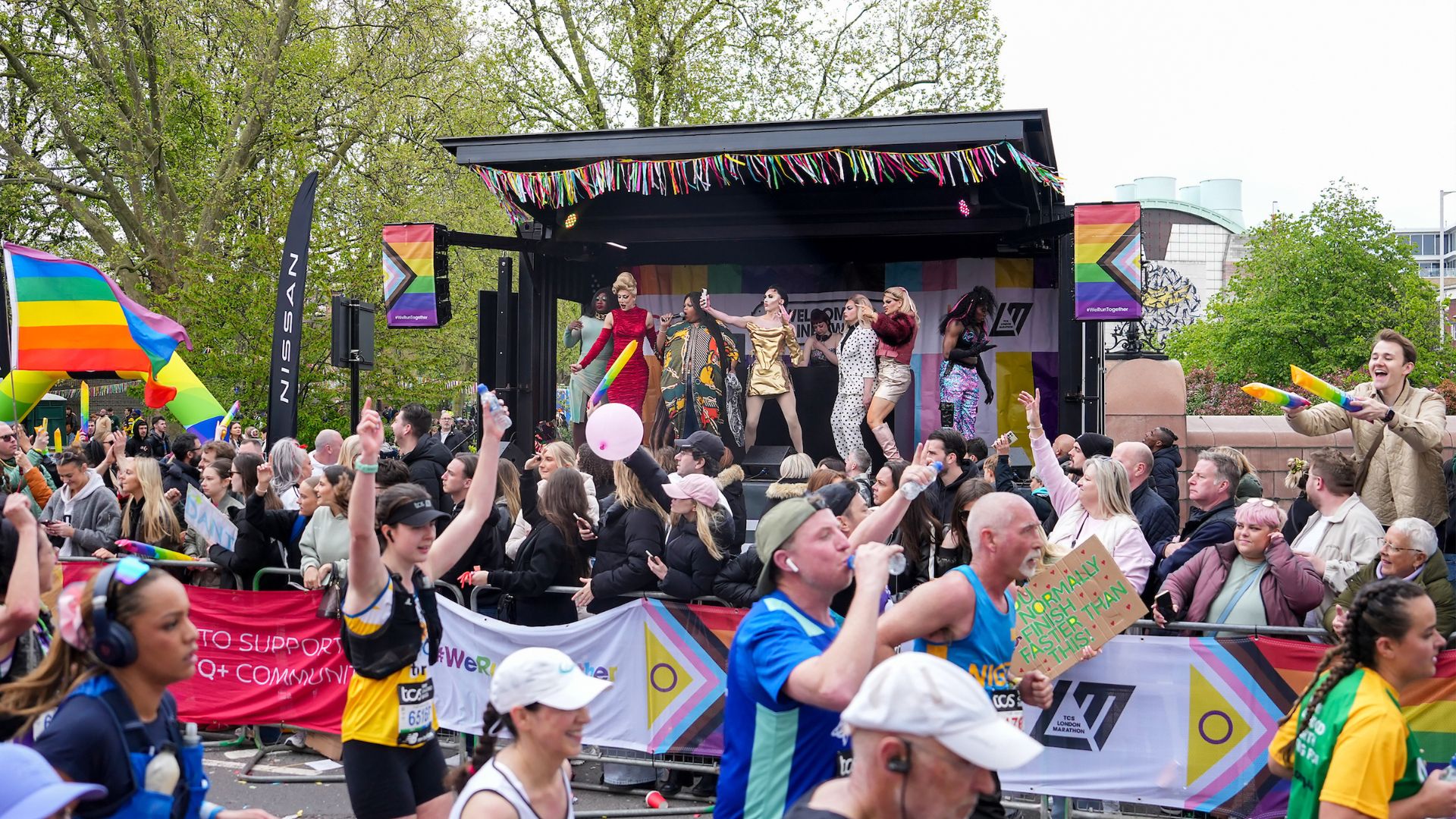 Drag Queens perform at the Rainbow Row stage during The TCS London Marathon on Sunday 21st April 2024.