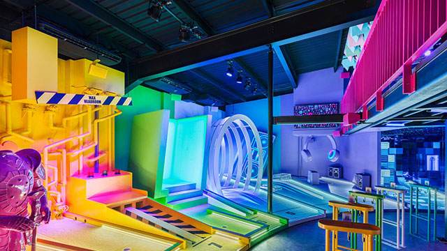 Rainbow-coloured golf obstacles at Pop Golf