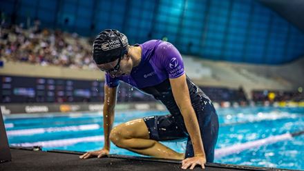 Triathlete gets out of the pool at the Supertri E event. Image courtesy of Supertri