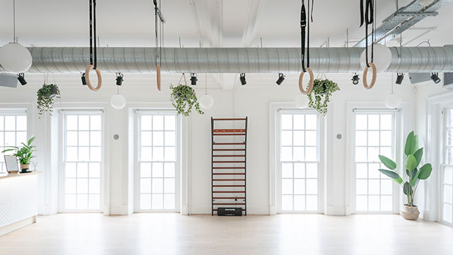 The Move studios © Maria Ryan Kadem. Image courtesy of Maria Ryan Kadem / Move. A light, white studio space with windows, a climbing frame, rings and green plants