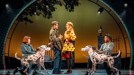 Follow the adventures of Pongo and Perdi as they try to save their precious puppies from Cruella's clutches in 101 Dalmatians The Musical. Image courtesy of Helen Snell Ltd/ Photo credit: Johan Persson.