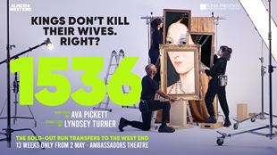 Three people dressed in black hold mirrors to a painting that looks like Anne Boleyn and 1536 in big bold text