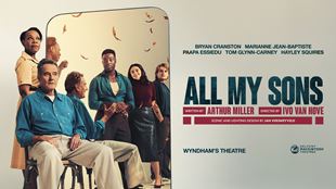 The cast of All My Sons can be seen in the reflection of a mirror, with Marianne Jean-Baptiste holding it and standing behind Bryan Carson, who is sitting on a chair.
