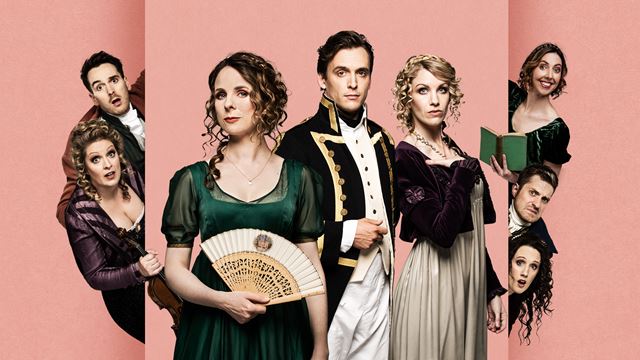  Austentacious' cast members are wearing regency costumes, on a pink background.