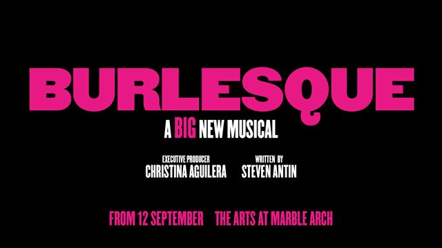 Promotional artwork for Burlesque features the title in bold, bright pink letters against a black background.
