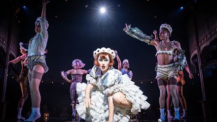 Katherine Langford performs as Sally Bowles in the musical Cabaret at the Kit Kat Club. Image credit: Marc Brenner. Image courtesy of Raw PR.
