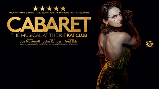 Official poster of the musical Cabaret at the KitKat Club, showing  one the performers wearing a golden velvet dress and looking at the camera.