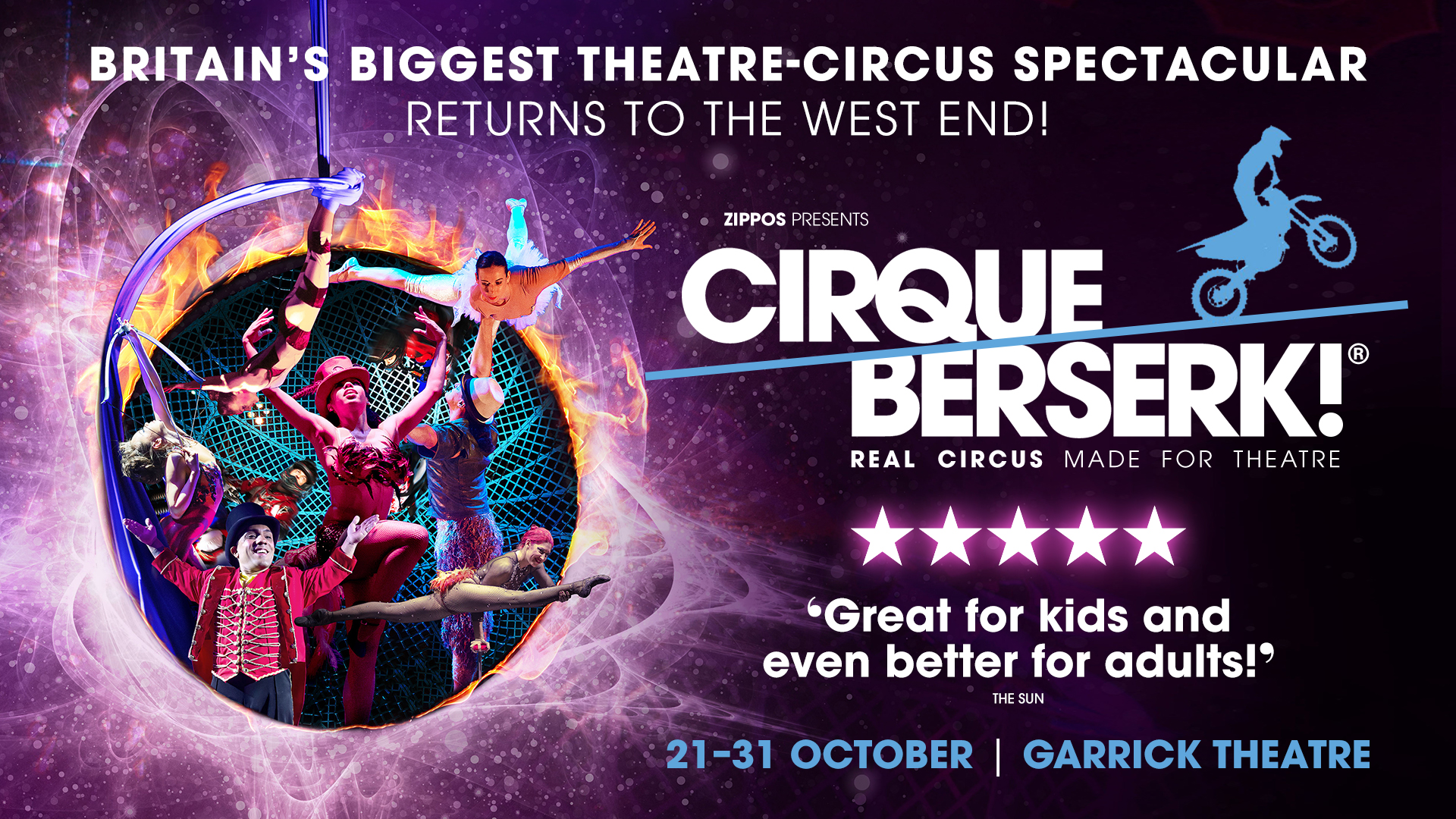 This is the artwork for Cique Berserk, showing various circus performers inside a purple bubble. The name of the show is written in bold white font next to the bubble.