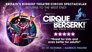This is the artwork for Cique Berserk, showing various circus performers inside a purple bubble. The name of the show is written in bold white font next to the bubble.