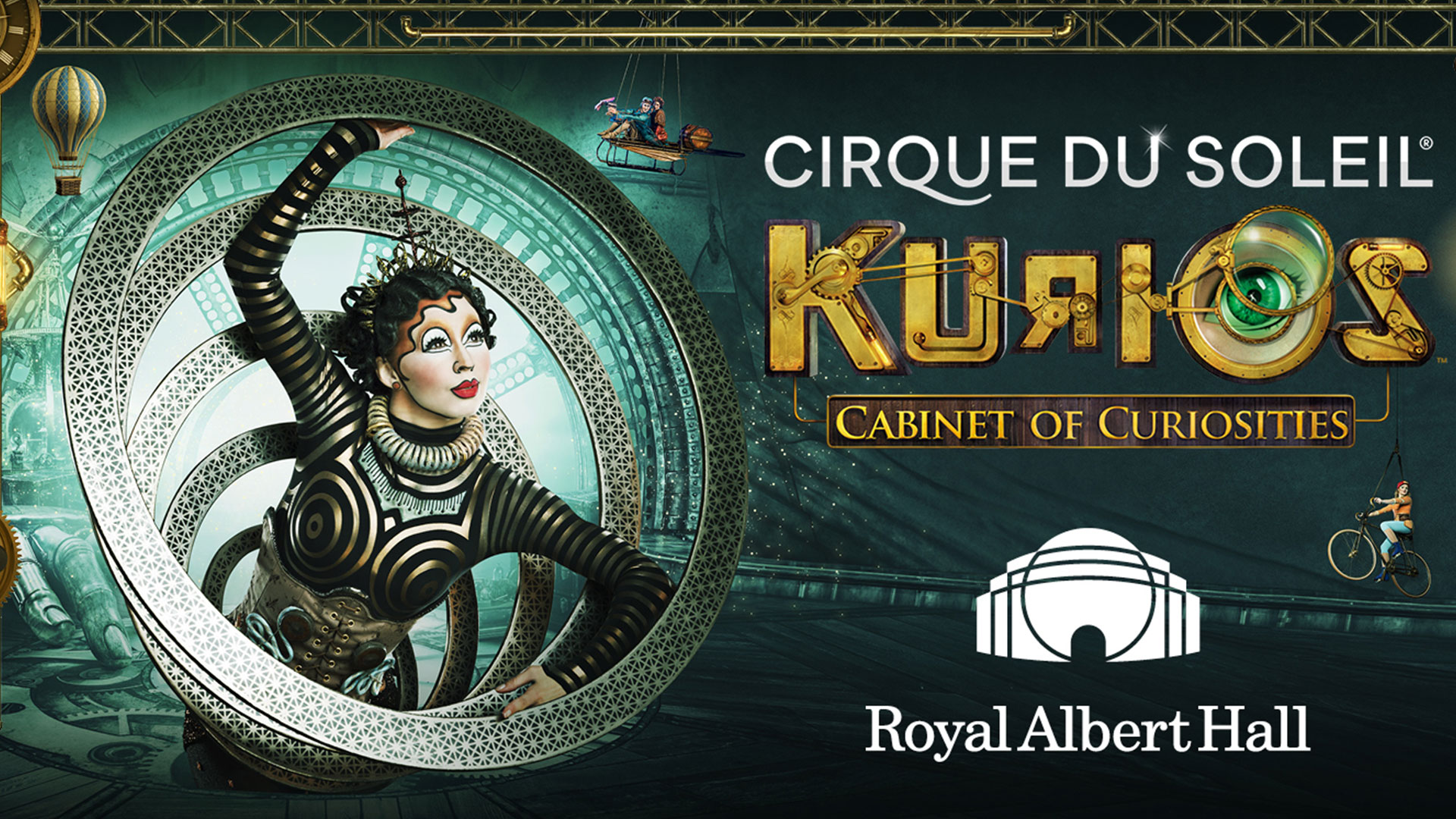 This is the artwork for the Cirque du Soleil show, KURIOS, to be presented at the Royal Albert Hall. It shows a woman dressed in a black-and-white patterned bodysuit emerging from a series of iron circles that resemble an interdimensional portal.