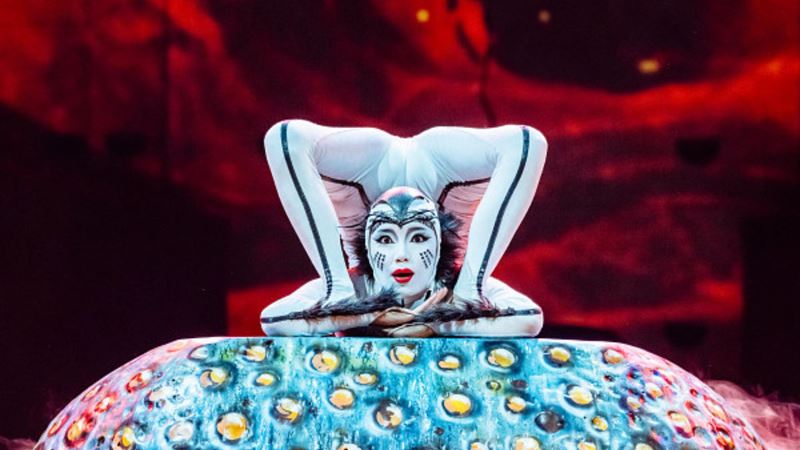 An acrobat in white costume performs an extreme contortion balance on a large, textured sphere during a Cirque du Soleil OVO performance.