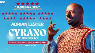 Artwork promoting the RSC play Cyrano de Bergerac, in which actor Adrian Lester is depicted standing on the left wearing a red and gold vest.