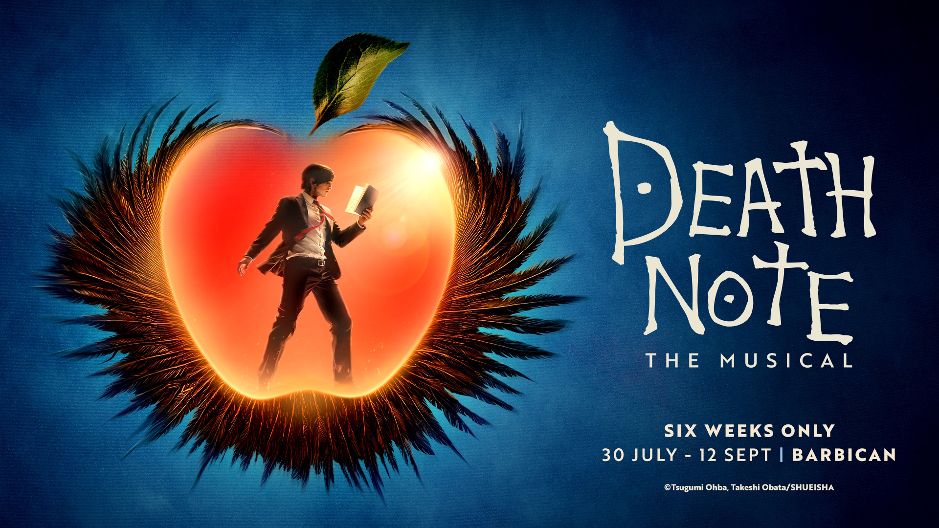 Death Note: The Musical arrives at the Barbican this summer. Image courtesy of London Theatre Direct. Death Note: The Musical artwork featuring a man holding a notebook inside a giant apple, with blue background.
