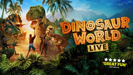 Come face-to-face with prehistoric giants at Dinosaur World Live, an interactive family adventure packed with life-sized dinosaurs, roarsome encounters and Jurassic fun. Image courtesy of London's Theatre Direct.